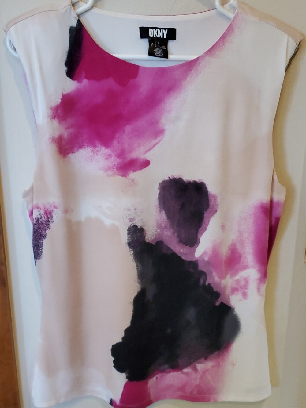 Vntg 90's DKNY Pink,Black,Tan,White Watercolor-Print Sleeveless Camisole Sz M